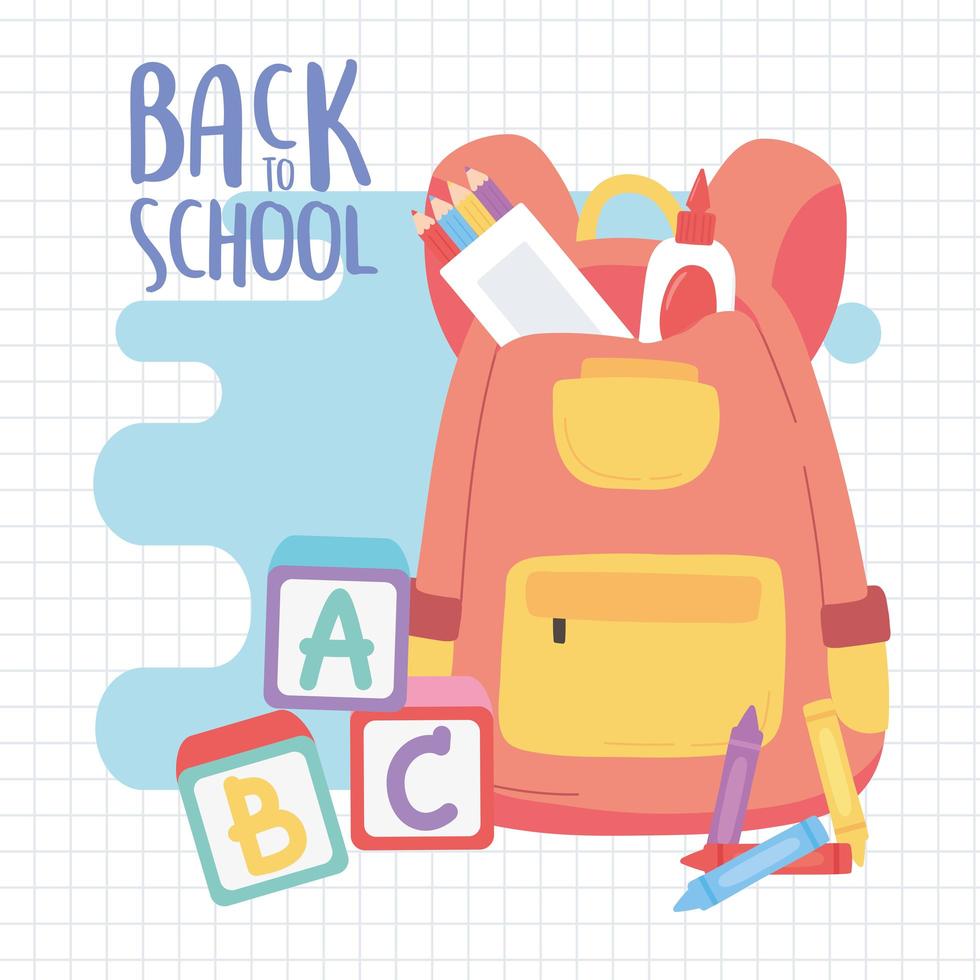 back to school, backpack glue pencils blocks alphabet education cartoon vector