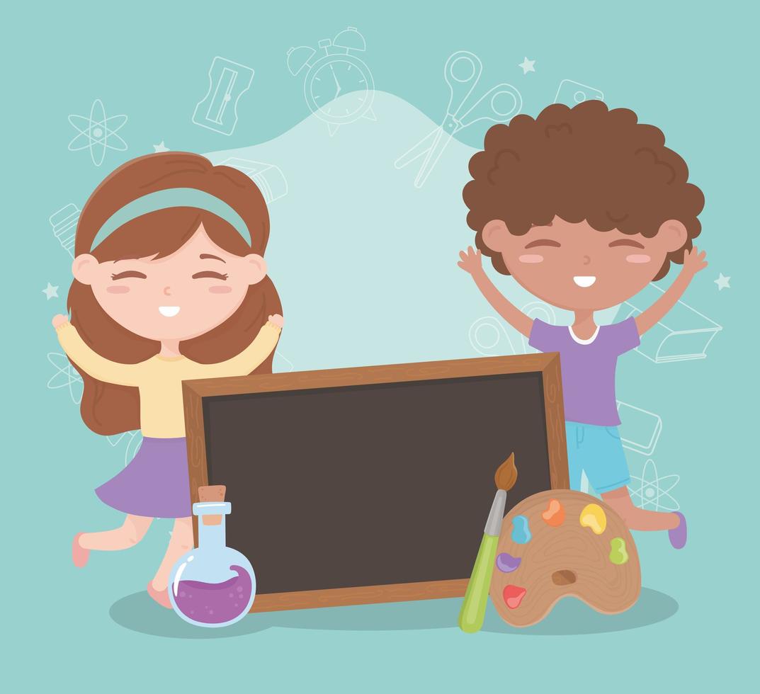 back to school, student boy and girl blackboard test tube and color palette education cartoon vector