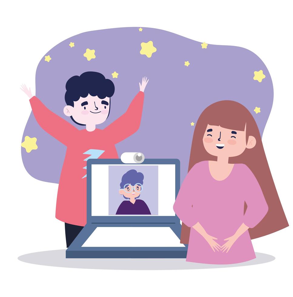 online party, meeting friends, couple celebrating with man on video in laptop vector