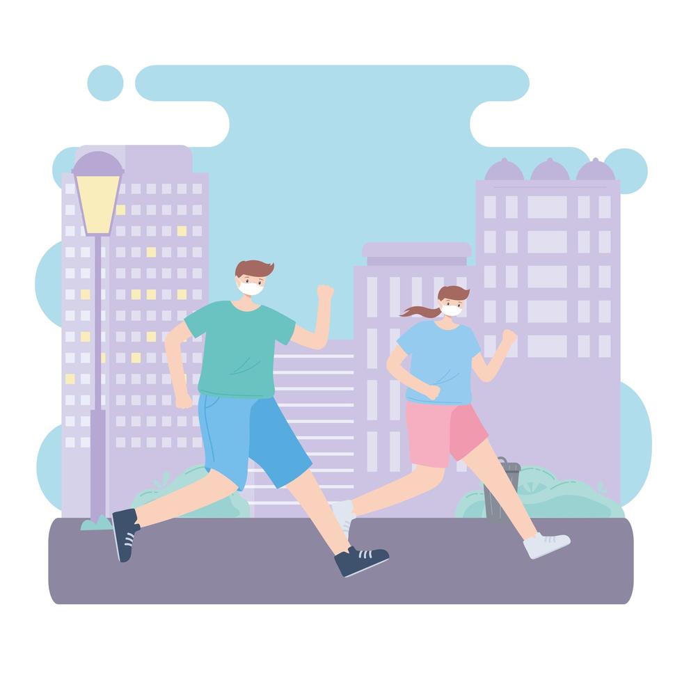 people with medical face mask, couple running in the street, city activity during coronavirus vector