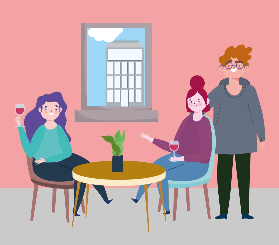 social distancing restaurant or a cafe, couple and woman drinking wine at table, covid 19 coronavirus, new normal life vector