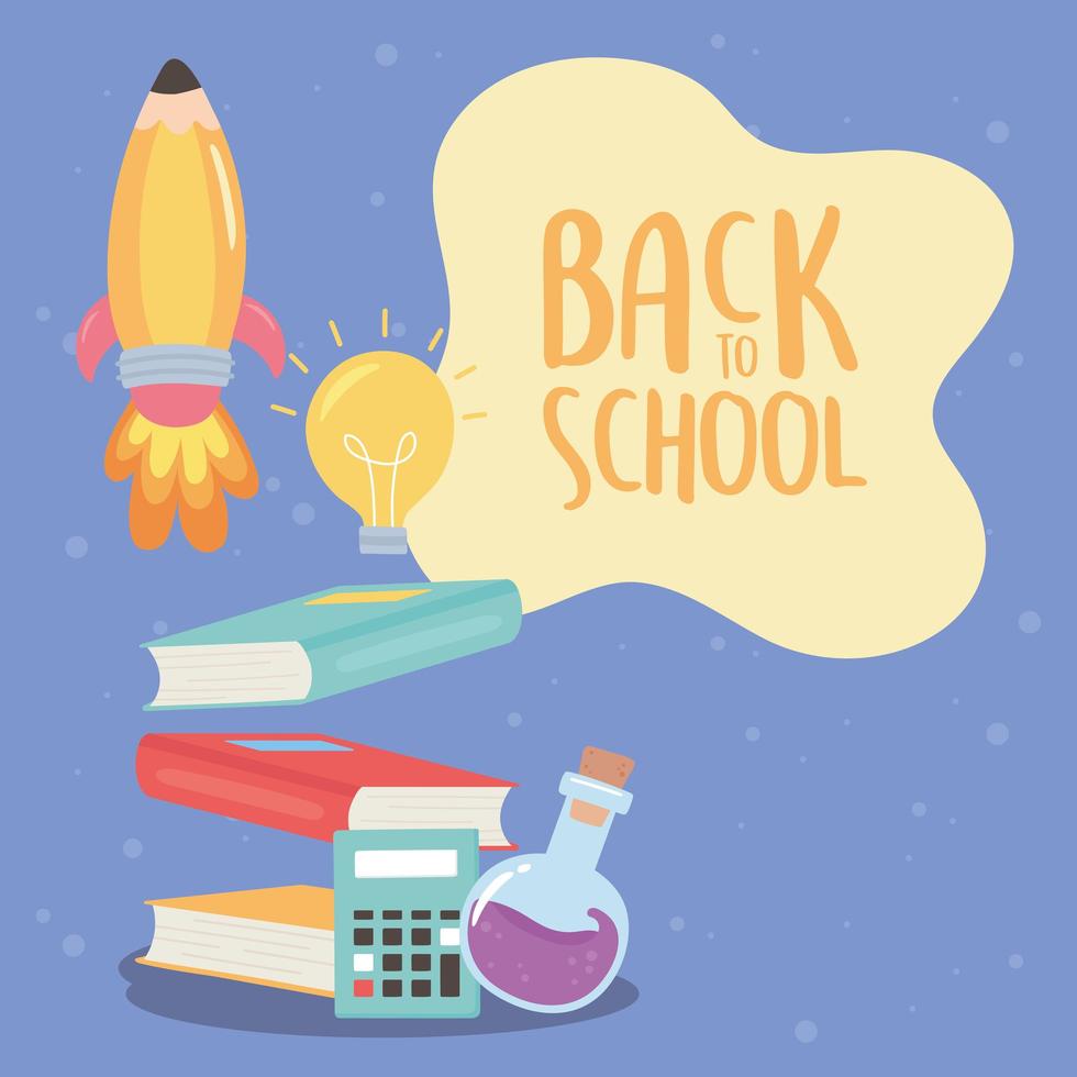 back to school, books calculator chemistry flask education cartoon vector