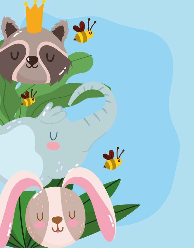 cute cartoon animal adorable little elephant raccoon rabbit and bees foliage leaves vector