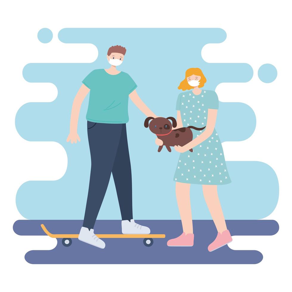 people with medical face mask, woman carrying dog and man riding skate, city activity during coronavirus vector