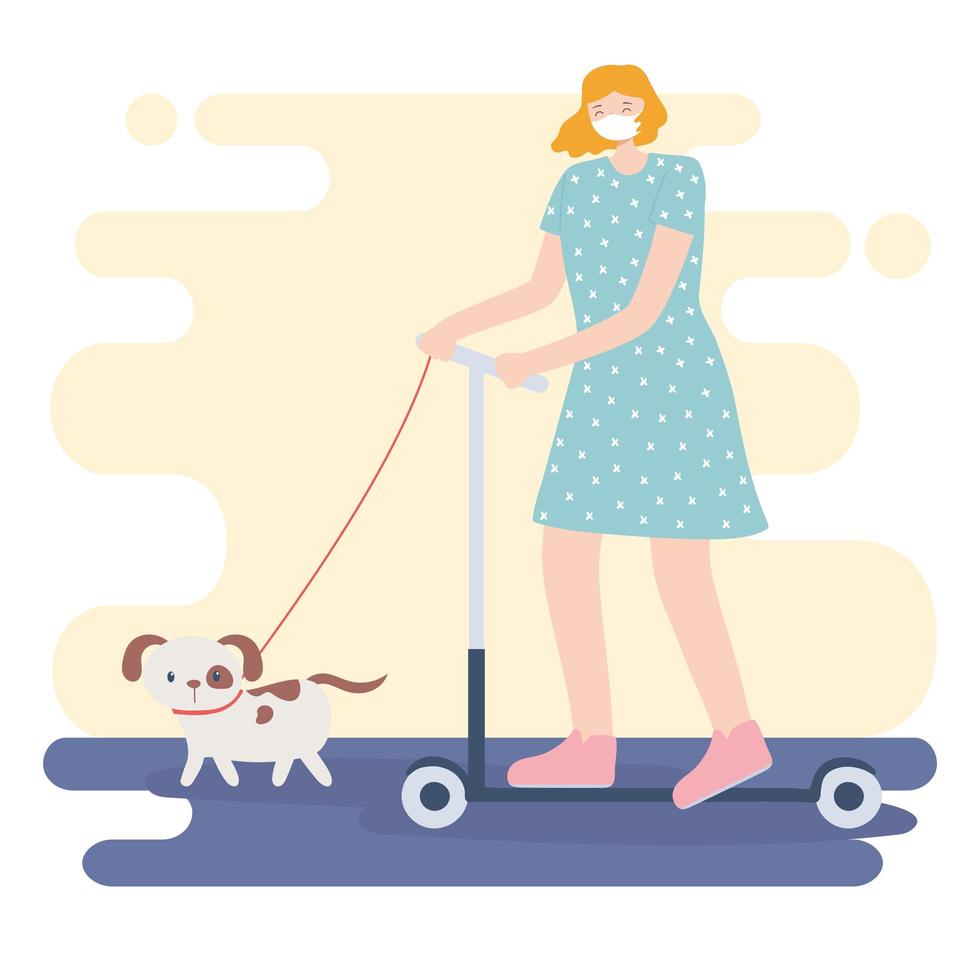 people with medical face mask, woman riding kick scooter with dog, city activity during coronavirus vector