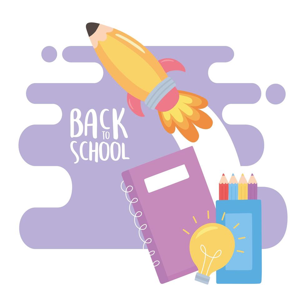 back to school, rocket notebook color pencils creativity education cartoon vector