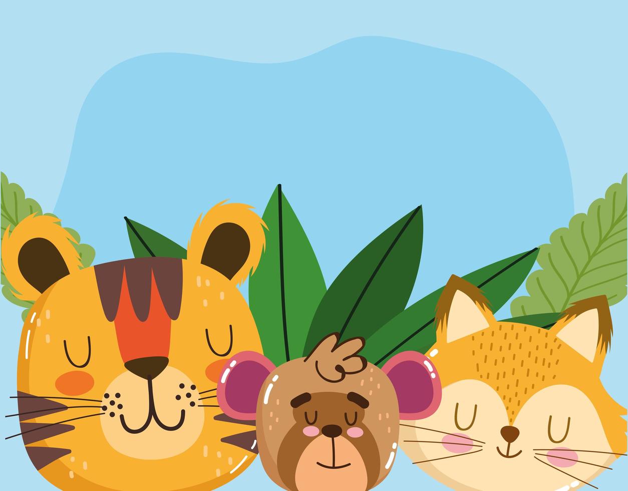 cute animal adorable little tiger monkey fox foliage cartoon vector