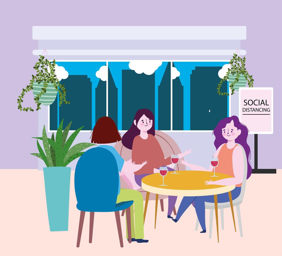 social distancing restaurant or a cafe, group women with glass wine in table, covid 19 coronavirus, new normal life vector