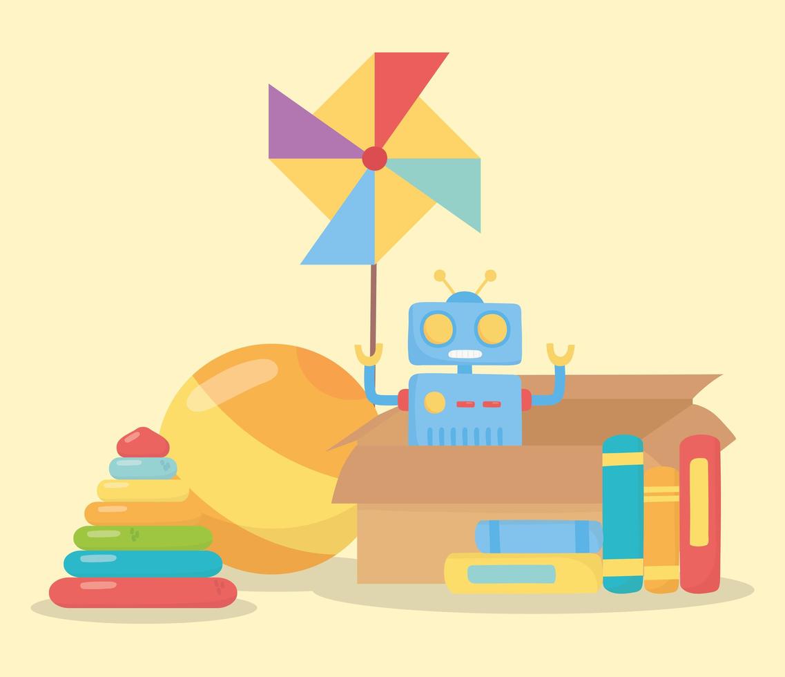 kids toys object amusing cartoon cardboard box with robot ball pyramid pinwheel and books vector