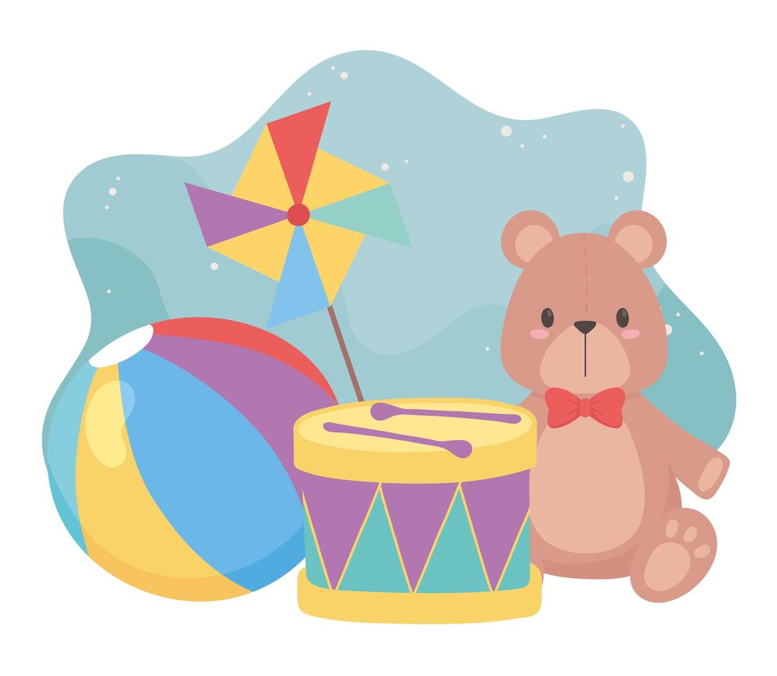 juguetes para niños objeto divertido dibujos animados oso de peluche tambor y molinete vector