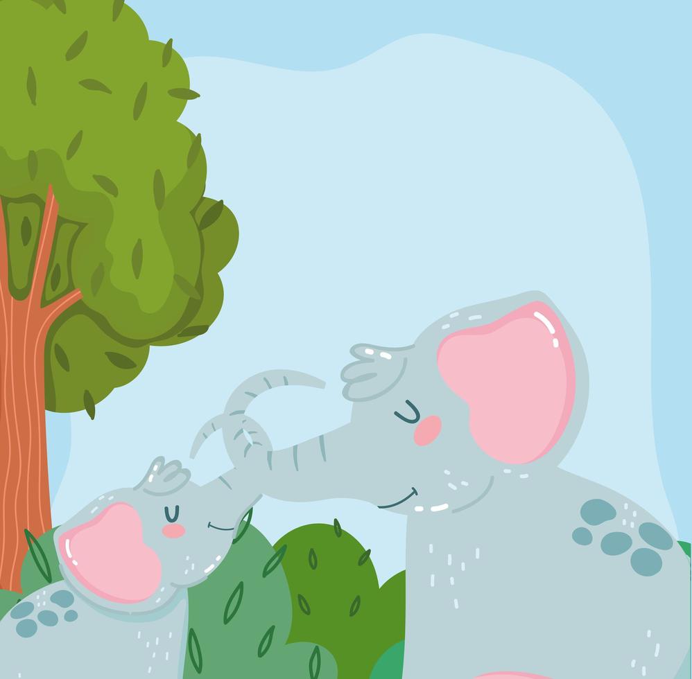 animales lindos elefantes árboles arbustos bosque naturaleza salvaje dibujos animados vector