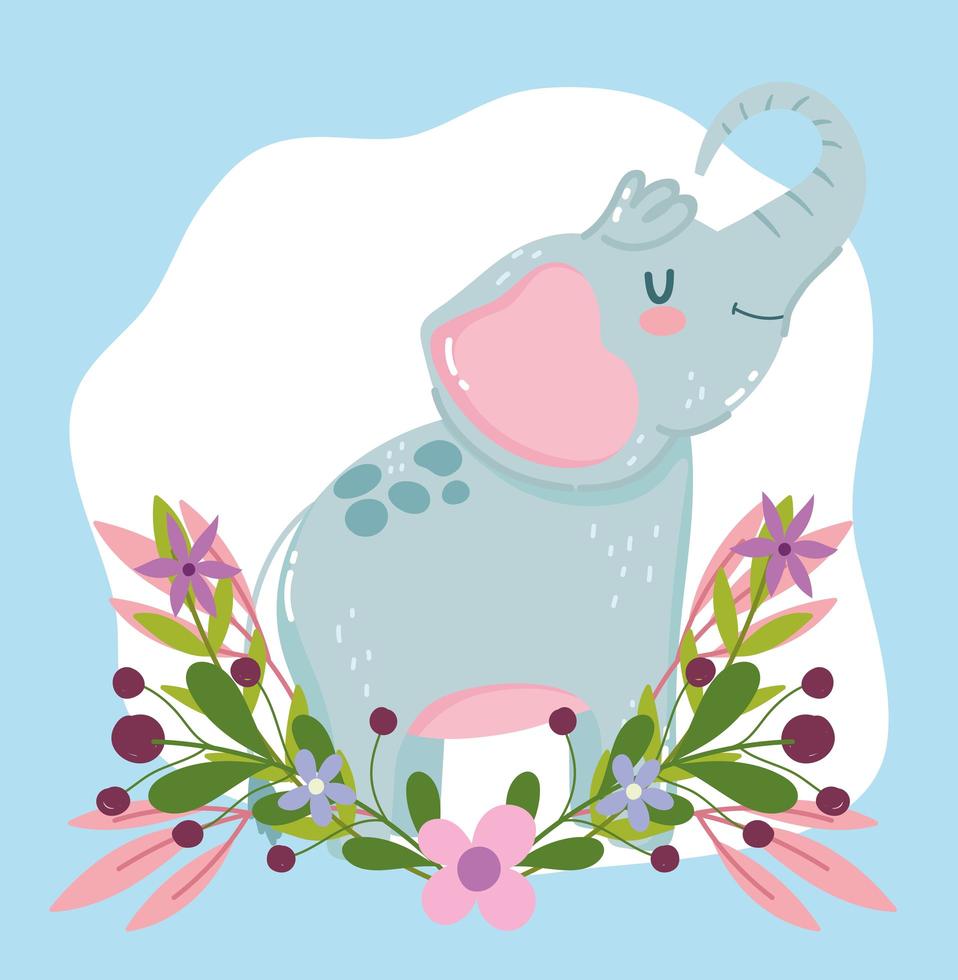 cute animal elephant flowers foliage nature decoration cartoon vector