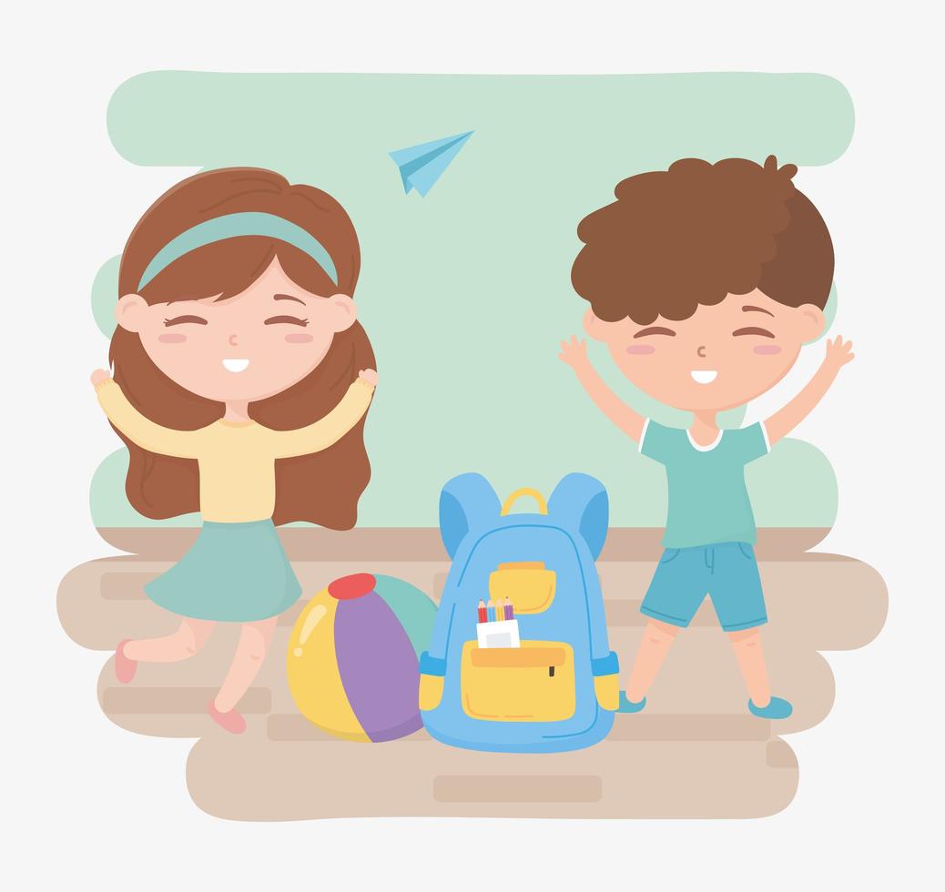 back to school, students boy girl with backpack and ball education cartoon vector
