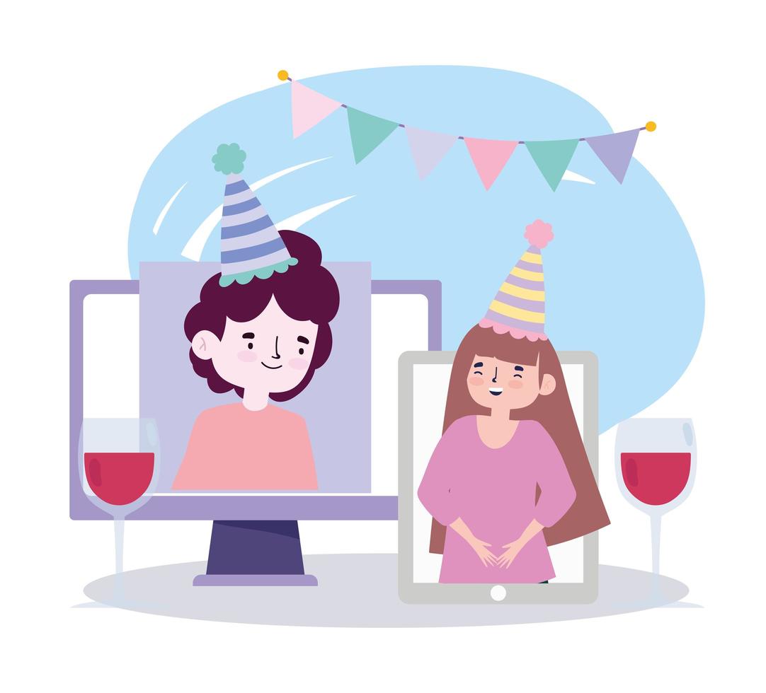 Fiesta en línea, reunión de amigos, videollamada, teléfono inteligente y pareja de computadora celebrando cumpleaños con vino vector