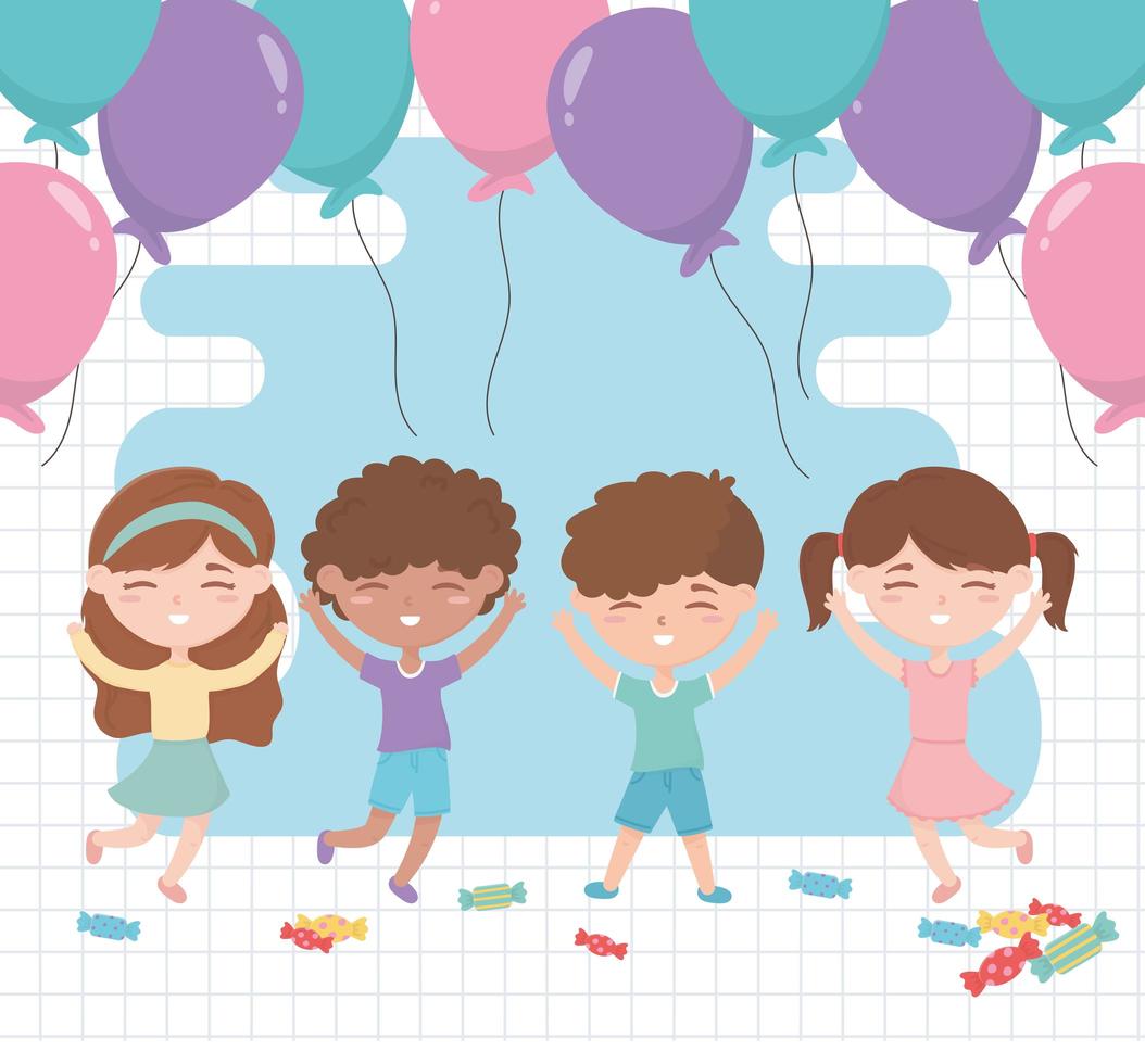 cartoon happy boys and girls celebrating with balloons decoration vector