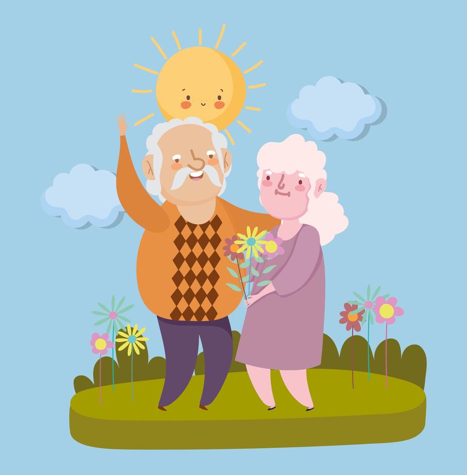 happy grandparents day, grandpa and grandma with flowers together landscape cartoon vector