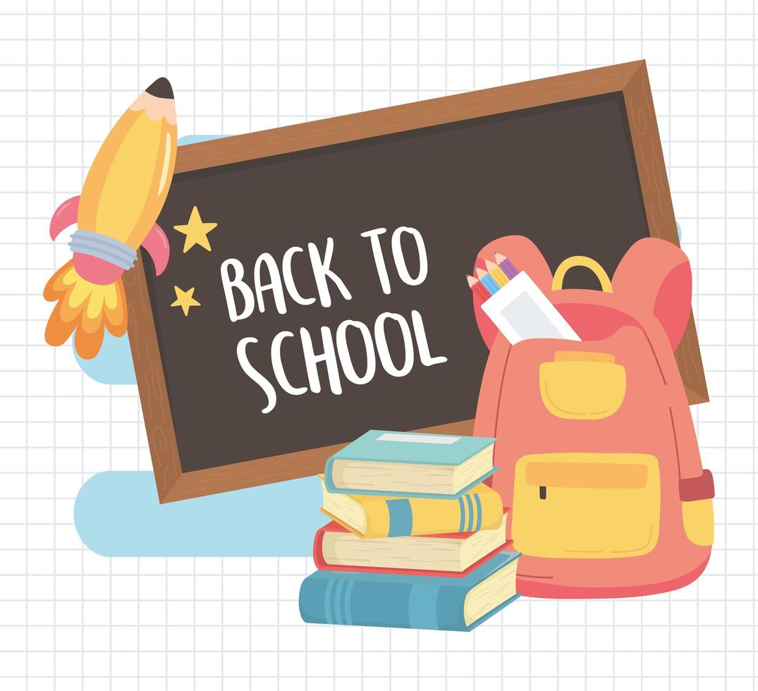 back to school, backpack chalkboard books and color pencils education cartoon vector