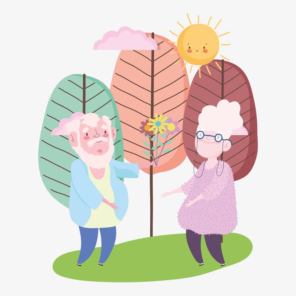 feliz día de los abuelos, abuelo dando flor abuela personajes dibujos animados vector