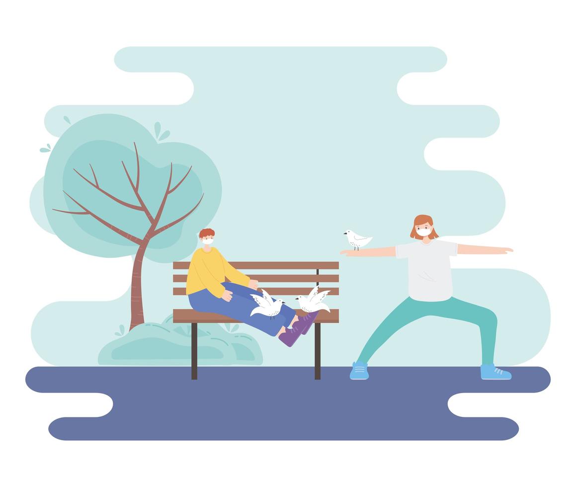 people with medical face mask, woman stretching exercise and boy sitting on bench with pigeons, city activity during coronavirus vector