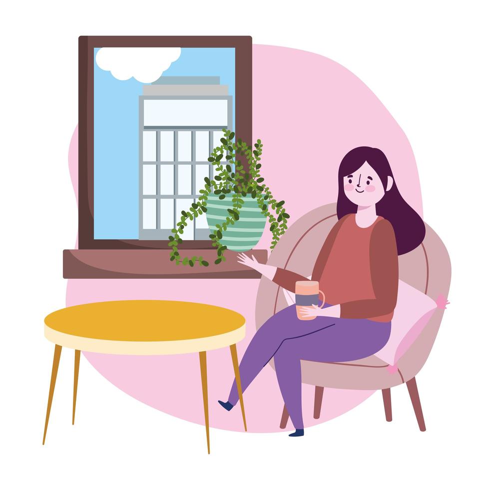 social distancing restaurant or a cafe, woman with coffee cup looking for window sitting on chair, covid 19 coronavirus, new normal life vector