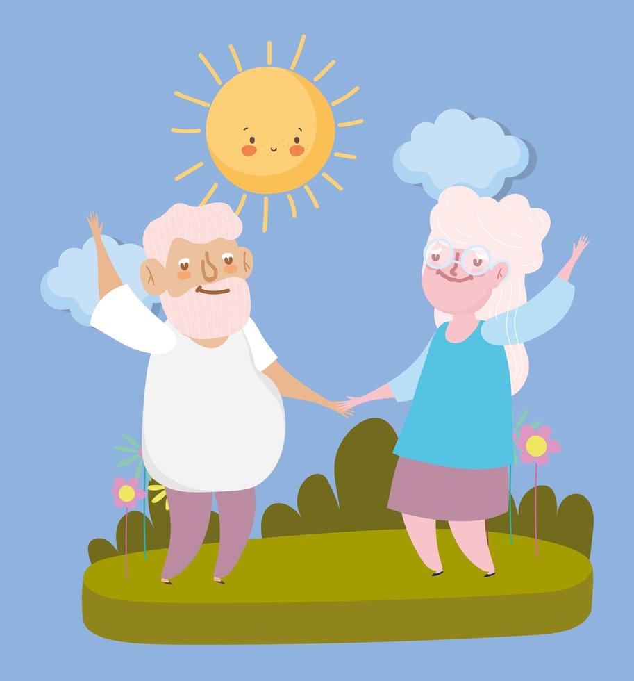 feliz día de los abuelos, pareja de ancianos toma de la mano dibujos animados, abuelo abuela personajes vector