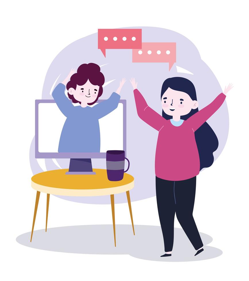 online party, meeting friends, happy woman talking with man on video vector