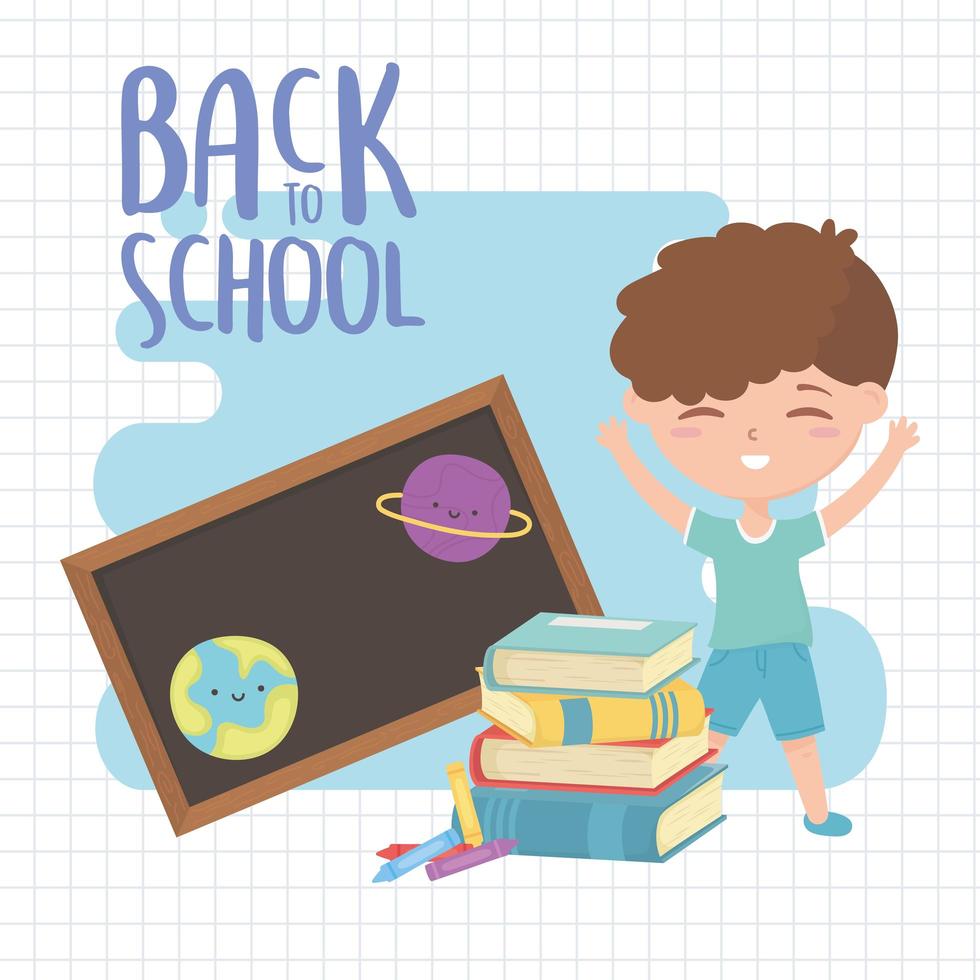 back to school, student boy books chalkboard and crayons education cartoon vector