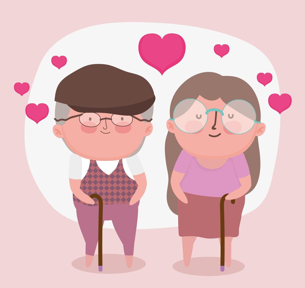 feliz día de los abuelos, linda pareja de ancianos con dibujos animados de bastones vector