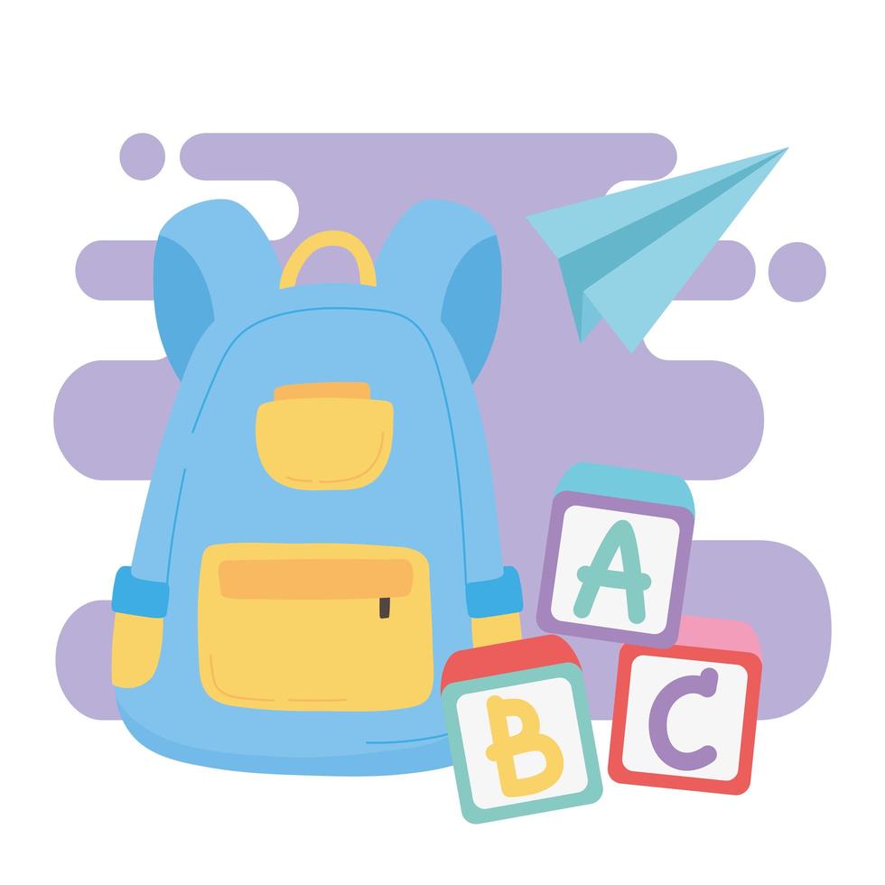 back to school, backpack blocks alphabet and paper plane education cartoon vector