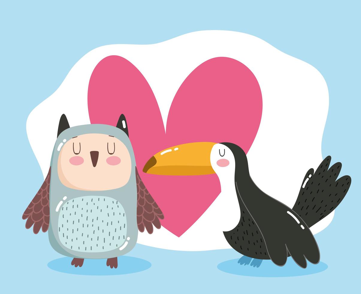 lindo animal adorable pequeño búho y tucán pájaros corazón dibujos animados vector