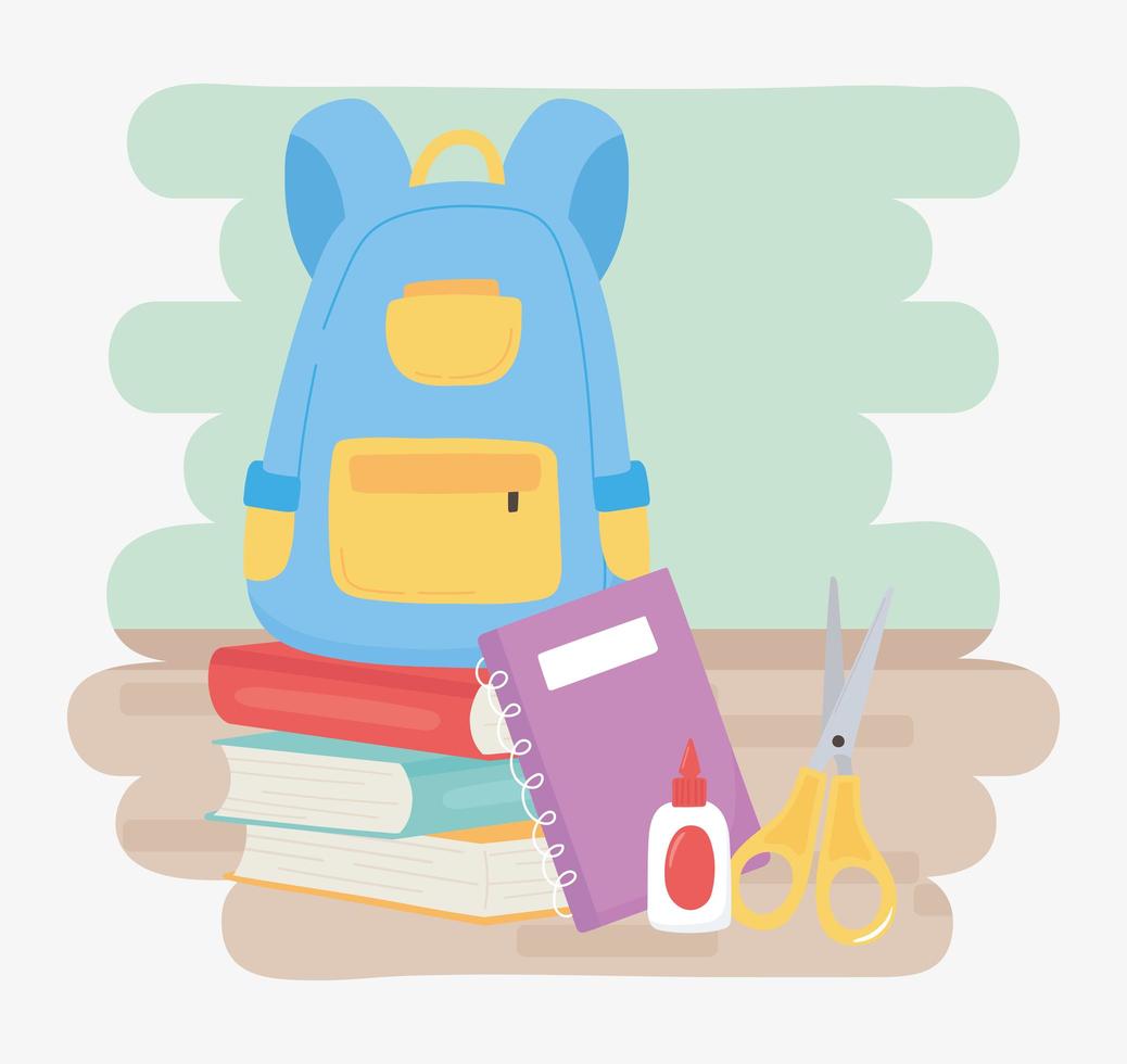 regreso a la escuela, mochila, libros, cuaderno, pegamento, regla y tijeras, educación, dibujos animados vector