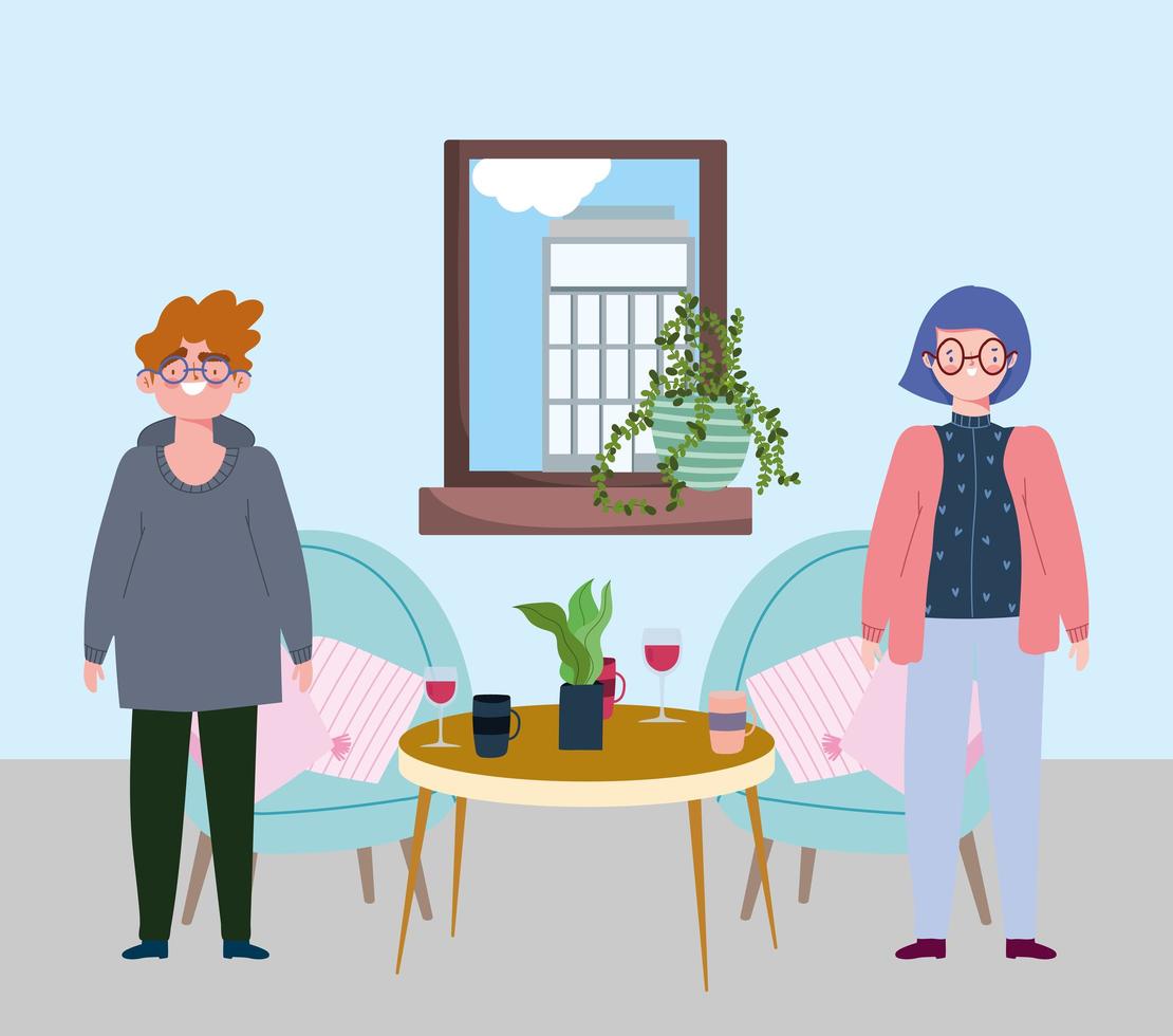 social distancing restaurant or a cafe, man and woman standing with table and drink cups, covid 19 coronavirus, new normal life vector