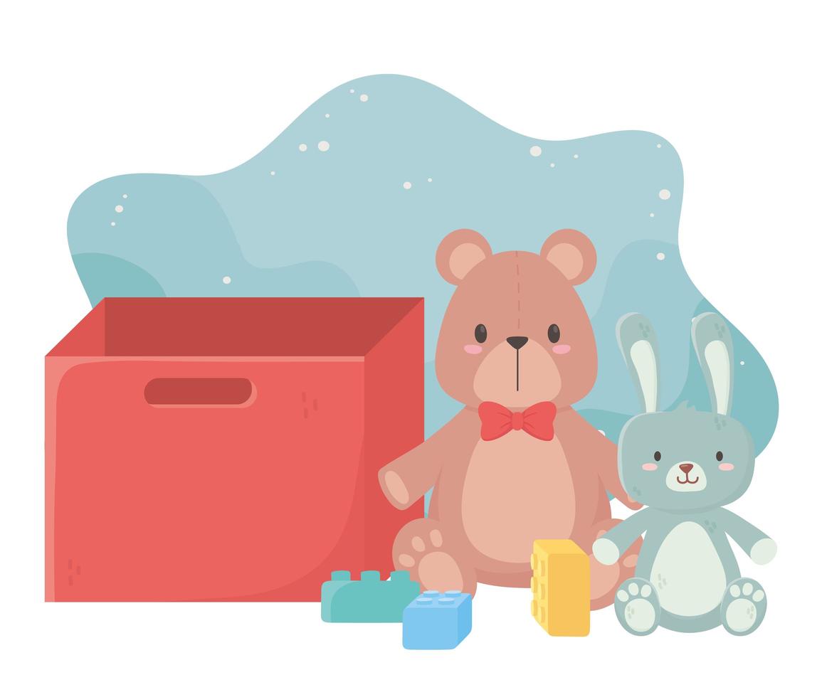 kids toys teddy bear rabbit blocks and box object amusing cartoon vector