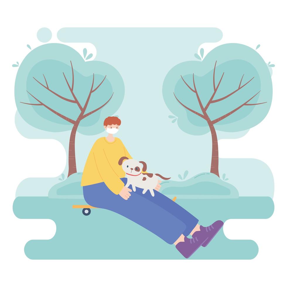 people with medical face mask, boy sitting on skate with dog in the park, city activity during coronavirus vector