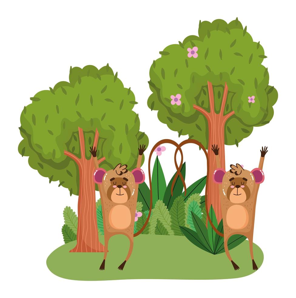 cute animals moneky trees flowers grass forest nature wild cartoon vector