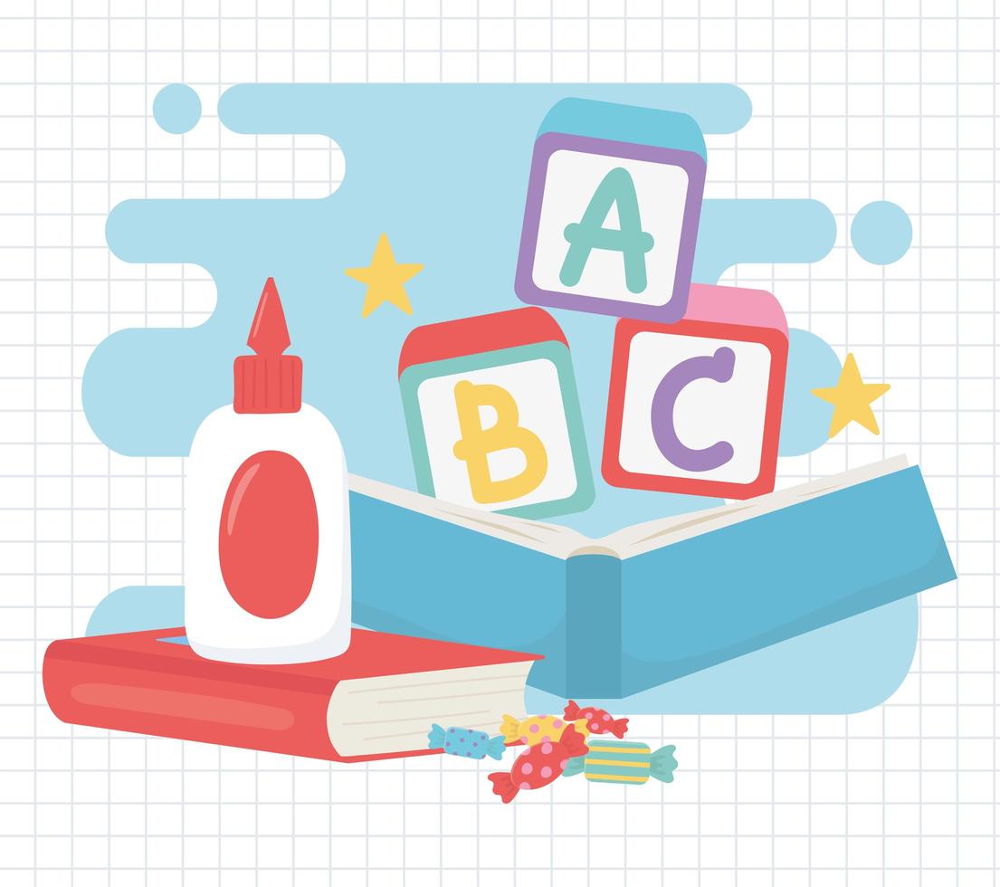 back to school, glue books blocks alphabet and candies education cartoon vector