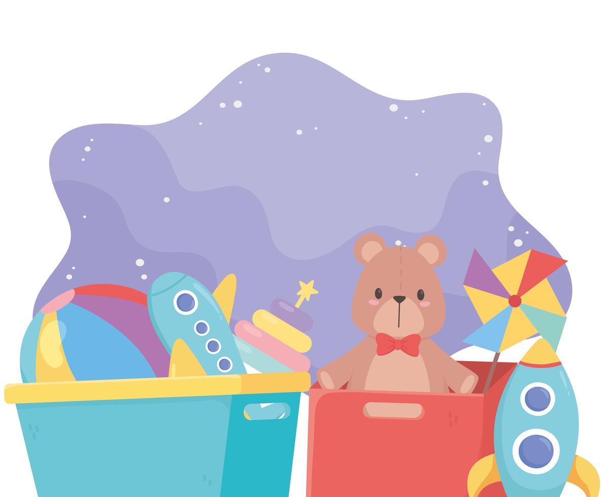 caja de juguetes para niños y balde con bola de oso, molinete, avión, cohete, objeto, divertido, caricatura vector