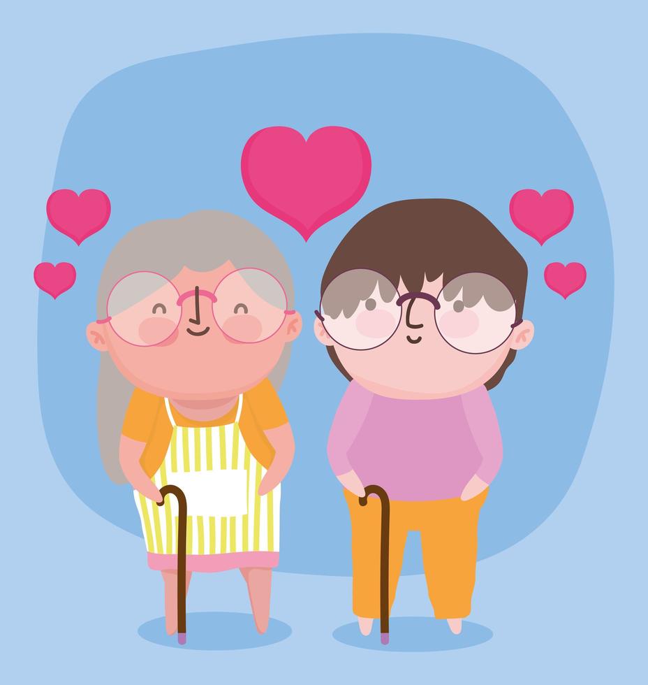 feliz día de los abuelos, abuela anciana abuelo con corazones amor caminar palos dibujos animados vector