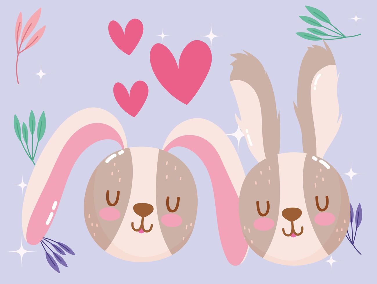 cute cartoon animals rabbits faces hearts love foliage adorable little vector