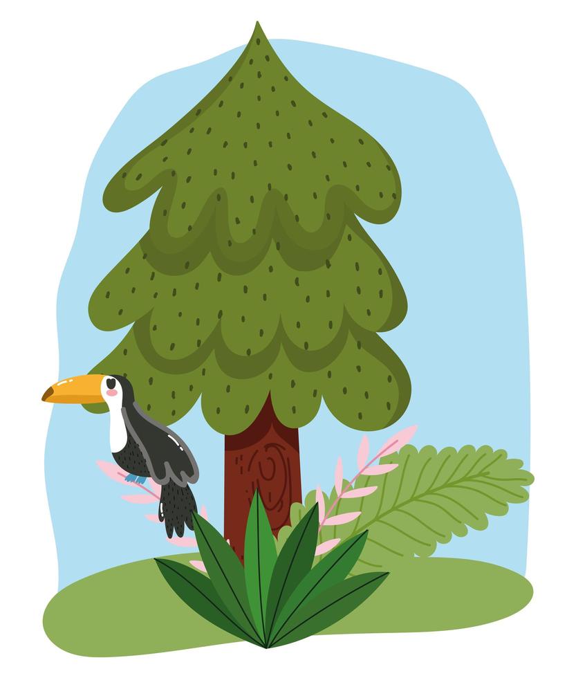 lindo pájaro animal tucán en rama follaje árbol diseño de dibujos animados vector