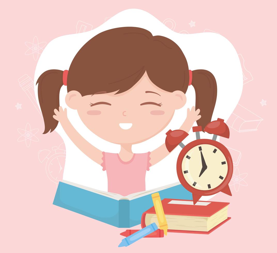 back to school, student girl with clock books and pencils education cartoon vector