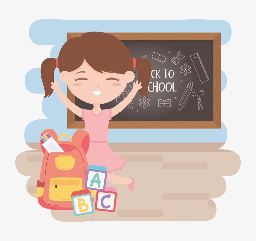 back to school, student girl with chalkboard backpack education cartoon vector