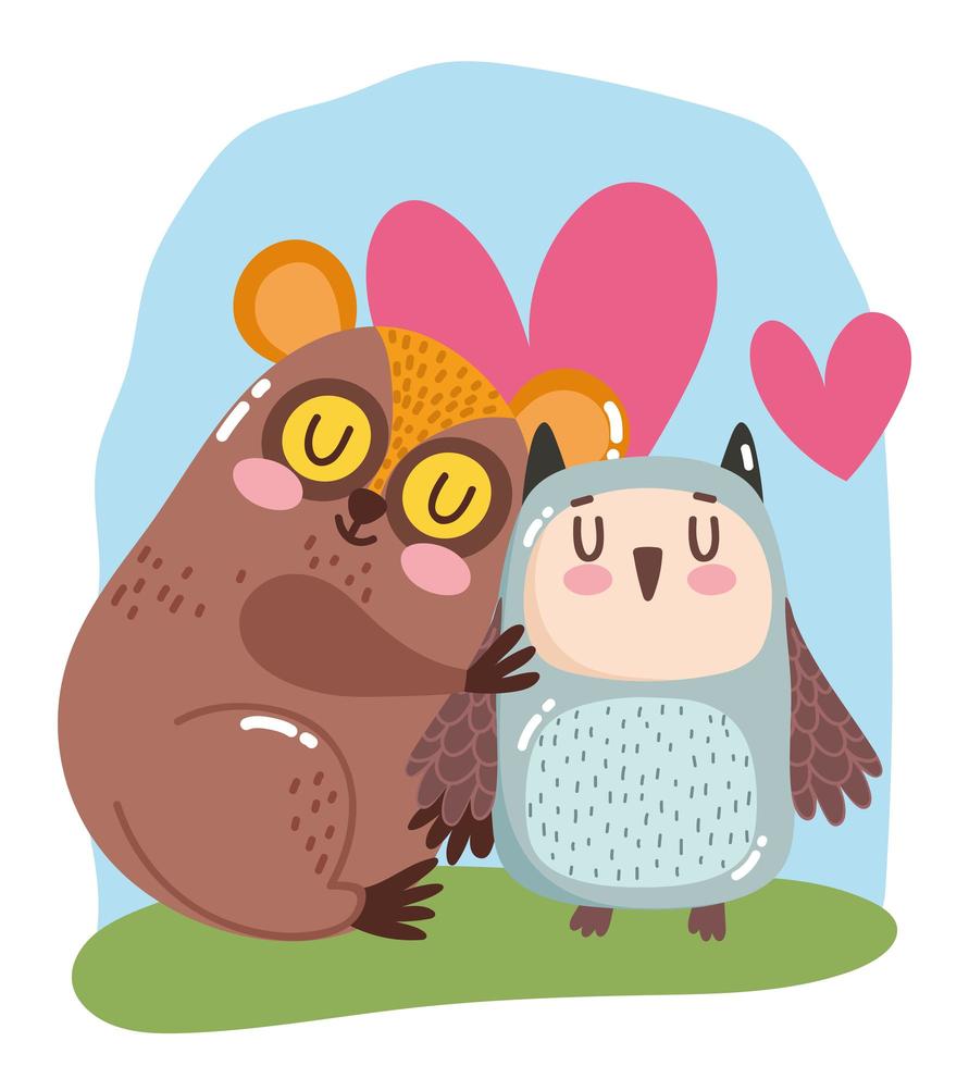 cute cartoon animals adorable little tarsius and owl love hearts vector
