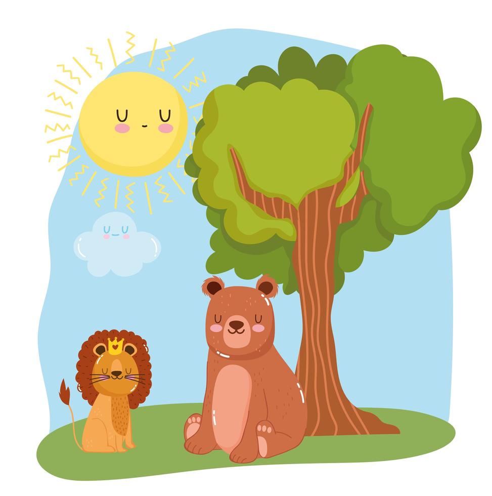 lindos animales león y oso sentados en la hierba bosque naturaleza salvaje  dibujos animados 1836605 Vector en Vecteezy