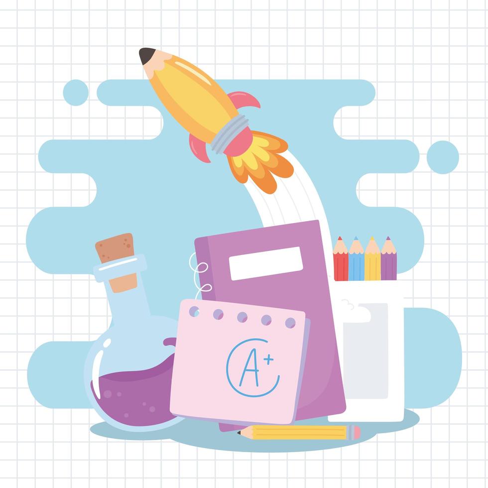 back to school, notebook pencils test tube and rocket education cartoon vector