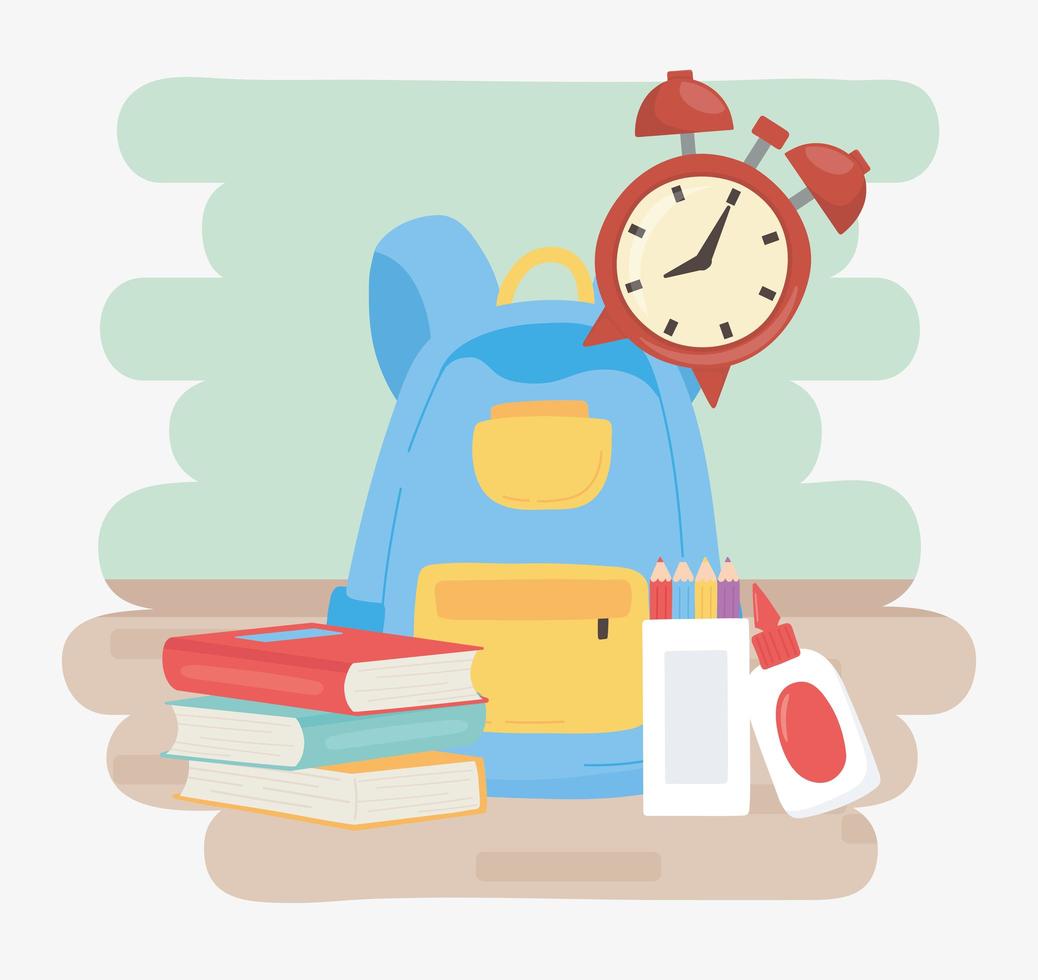 back to school, backpack books glue clock and color pencils education cartoon vector