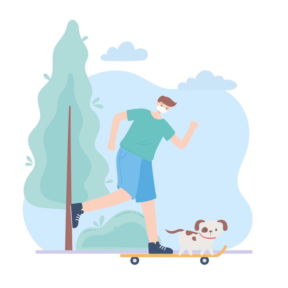 people with medical face mask, man riding skate with dog, city activity during coronavirus vector