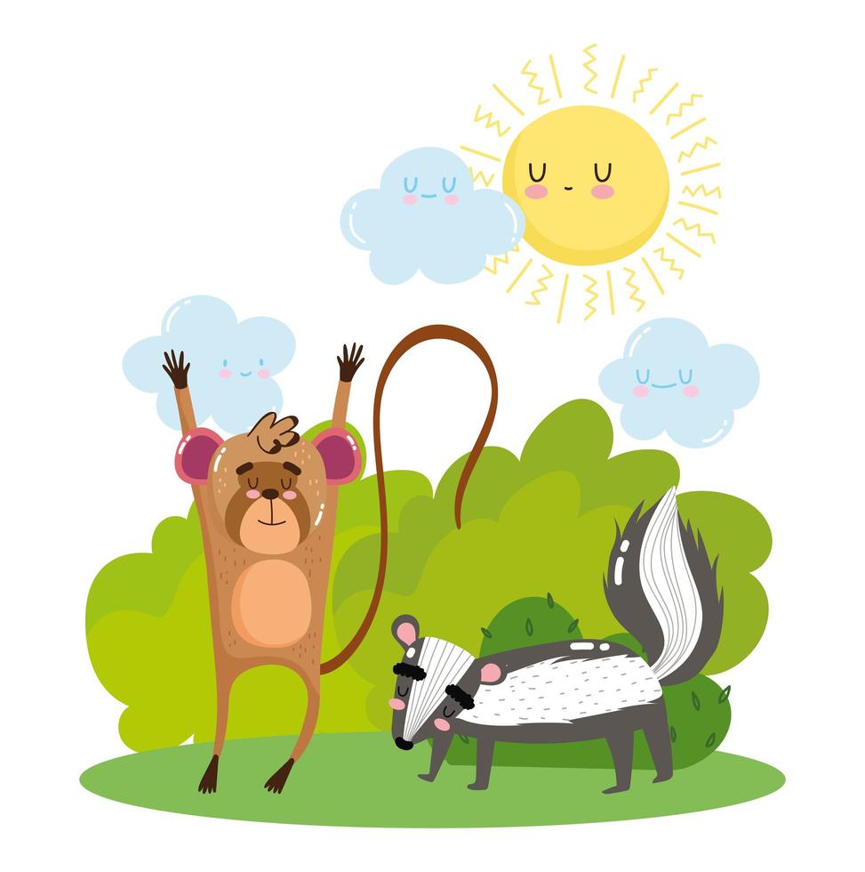 cute monkey and skunk on grass bushes nature wild cartoon vector