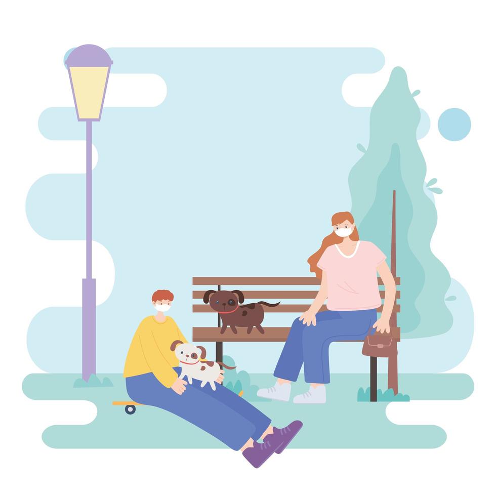 people with medical face mask, woman sitting on bench and boy with skate and dogs, city activity during coronavirus vector