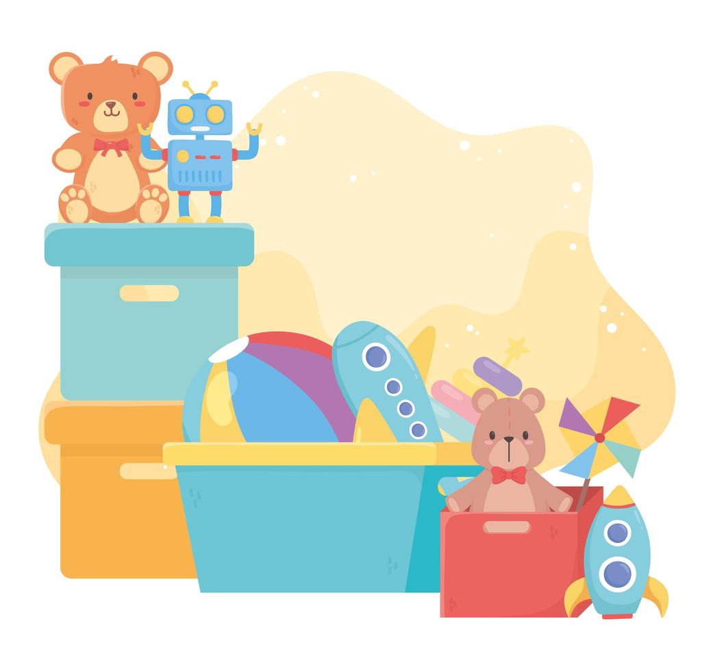 boxes and bucket with many cartoon kids toys vector